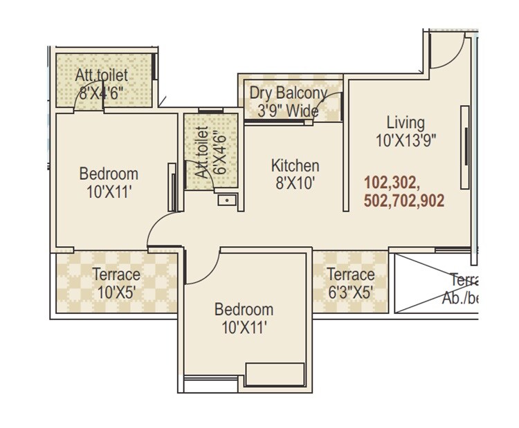 Floor plan of 2 BHK 668 Sq. Ft. Apartment in Swapnashilp Hillcrest, Pune
