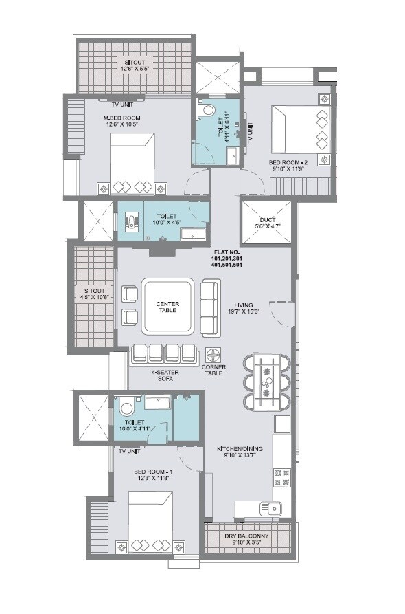 Floor plan of 3 BHK 1260 Sq. Ft. Apartment in Swapnpurti 7th Heaven, Pune