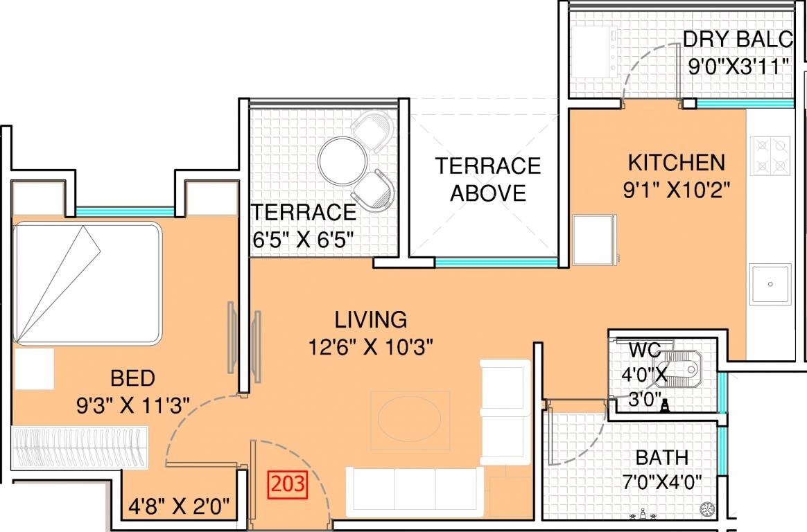 Floor plan of 1 BHK 406 Sq. Ft. Apartment in Swaraa 133 Orange Tree, Pune