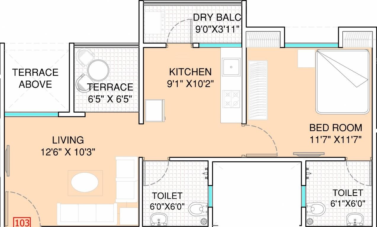 Floor plan of 1 BHK 475 Sq. Ft. Apartment in Swaraa 133 Orange Tree, Pune
