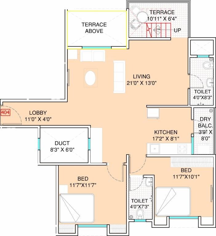 Floor plan of 2 BHK 499 Sq. Ft. Apartment in Swaraa 133 Orange Tree, Pune