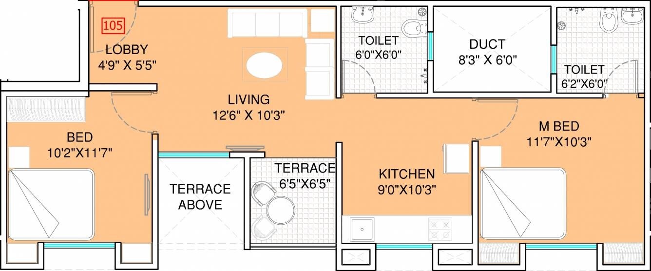 Floor plan of 2 BHK 786 Sq. Ft. Apartment in Swaraa 133 Orange Tree, Pune