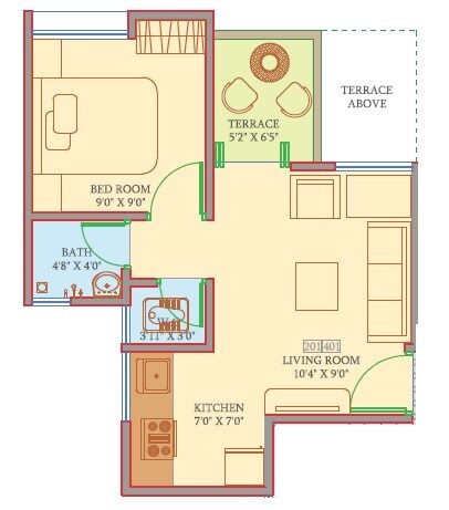Floor plan of 1 BHK 299 Sq. Ft. Apartment in Swaraa Maza Gharkul, Pune