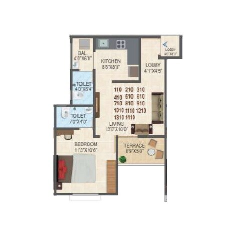 Floor plan of 1 BHK 505 Sq. Ft. Apartment in Swaraaj Heights, Pune