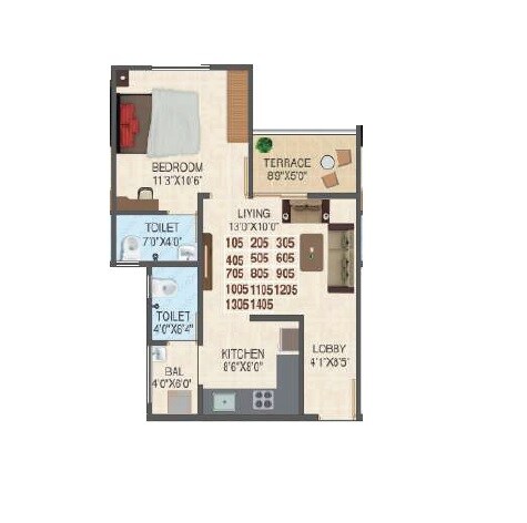 Floor plan of 1 BHK 513 Sq. Ft. Apartment in Swaraaj Heights, Pune