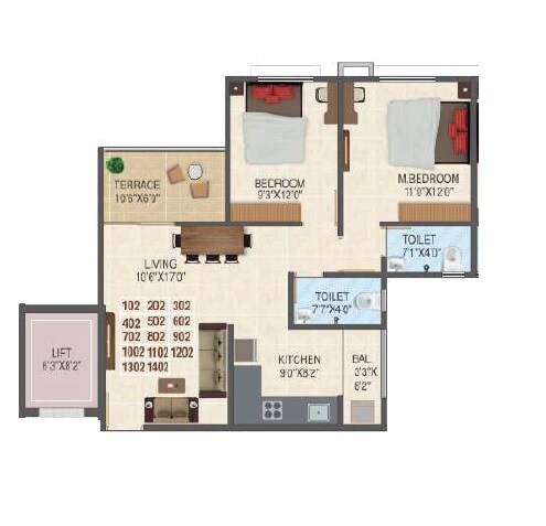 Floor plan of 2 BHK 751 Sq. Ft. Apartment in Swaraaj Heights, Pune