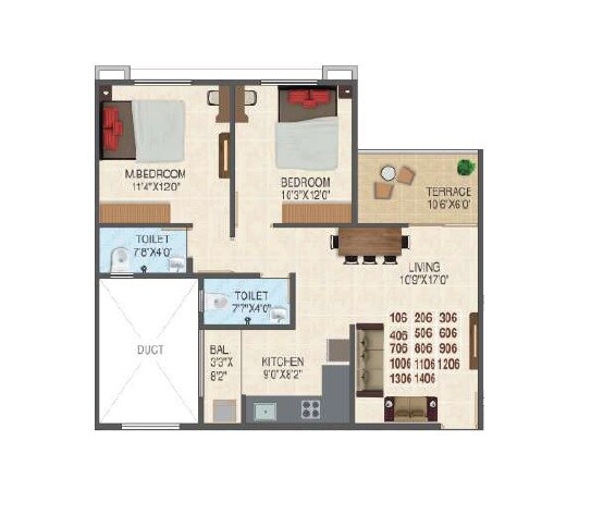 Floor plan of 2 BHK 767 Sq. Ft. Apartment in Swaraaj Heights, Pune