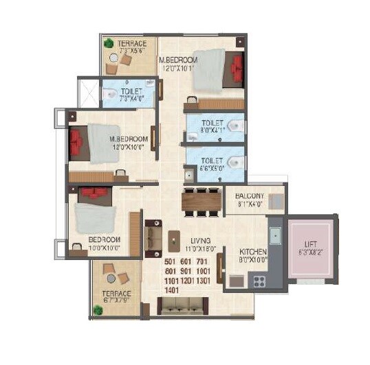 Floor plan of 3 BHK 931 Sq. Ft. Apartment in Swaraaj Heights, Pune