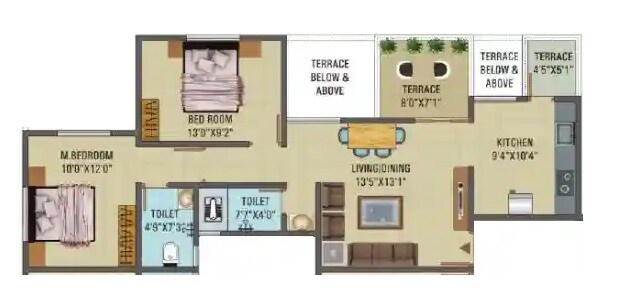 Floor plan of 2 BHK 759 Sq. Ft. Apartment in Swaraaj Paradise, Pune