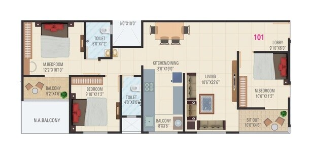 Floor plan of 3 BHK 1125 Sq. Ft. Apartment in Swaraaj Paradise, Pune