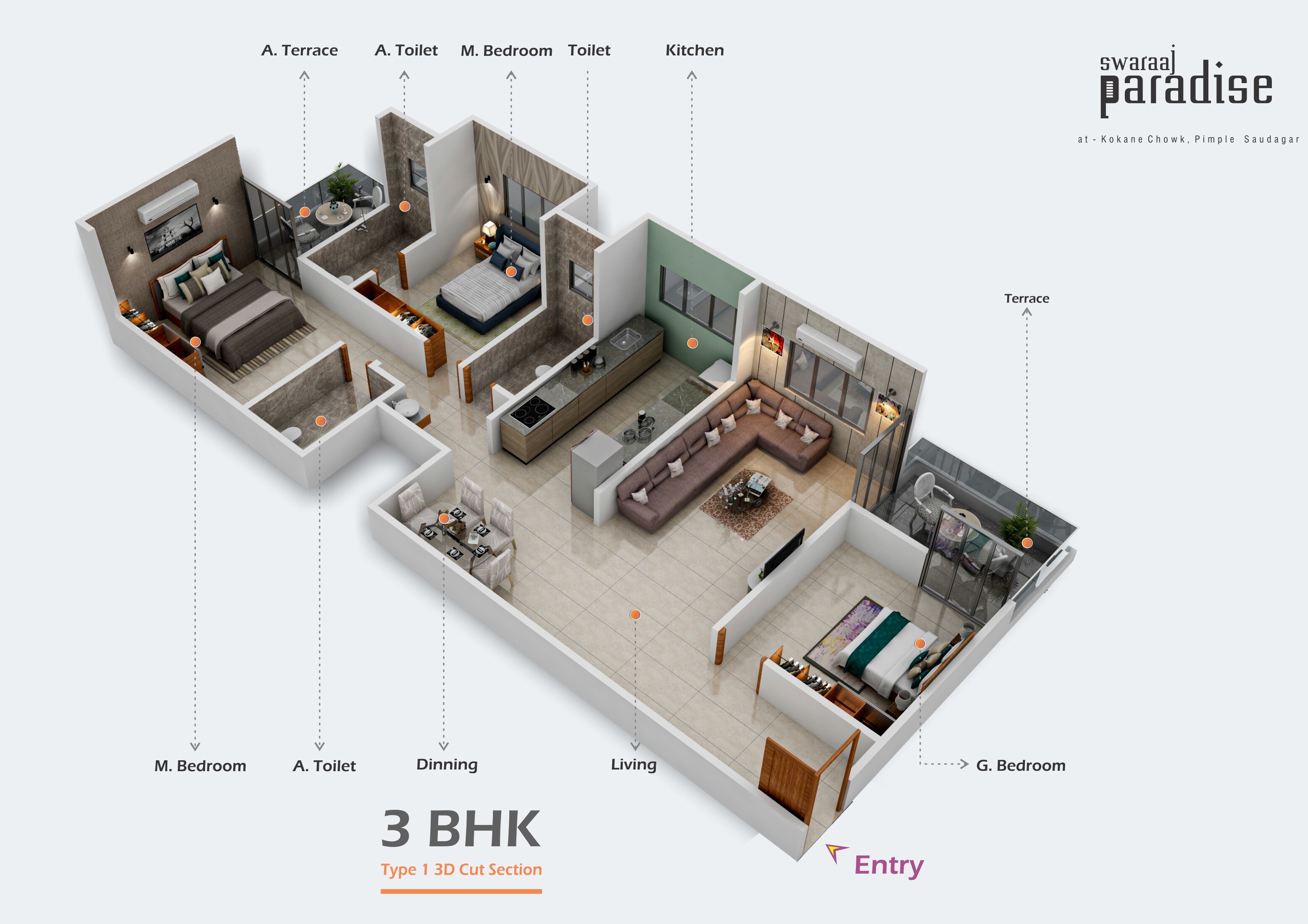 Floor plan of 3 BHK 1146 Sq. Ft. Apartment in Swaraaj Paradise, Pune