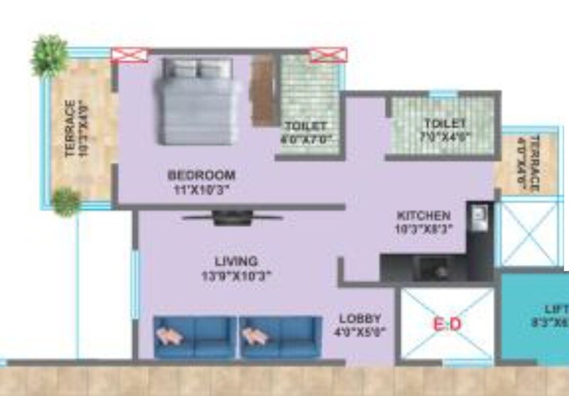 Floor plan of 1 BHK Apartment - 418 sq. ft. in Swaraj Ranjan Heights, Pune