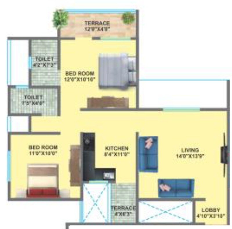 Floor plan of 2 BHK Apartment - 711 sq. ft. in Swaraj Ranjan Heights, Pune
