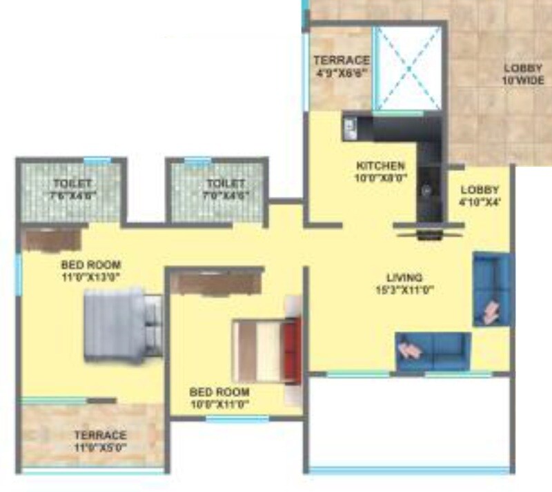 Floor plan of 2 BHK Apartment - 726 sq. ft. in Swaraj Ranjan Heights, Pune