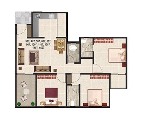 Floor plan of 3 BHK 1327 Sq. Ft. Apartment in Swastik Prism City, Pune