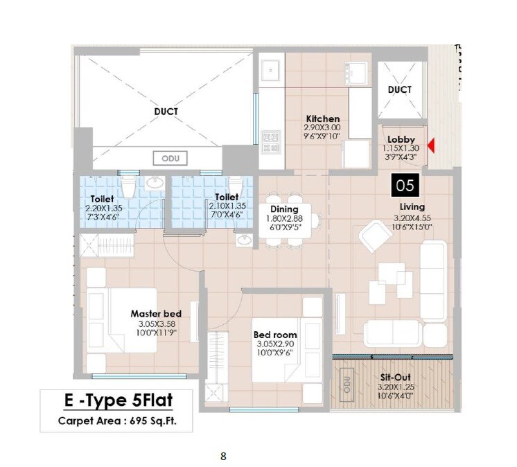 Floor plan of 2 BHK 695 Sq. Ft. Apartment in Swastik Prism City Blue, Pune