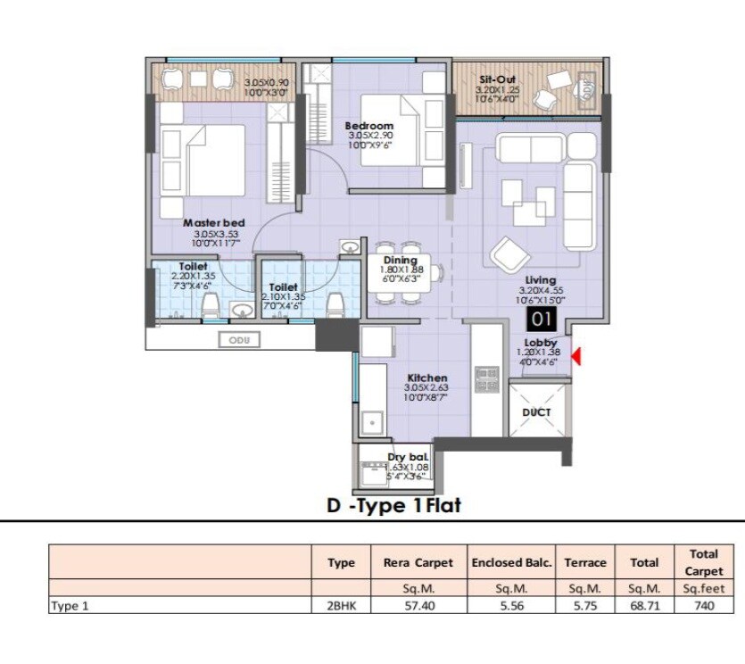 2 BHK 740 Sq. Ft. Apartment