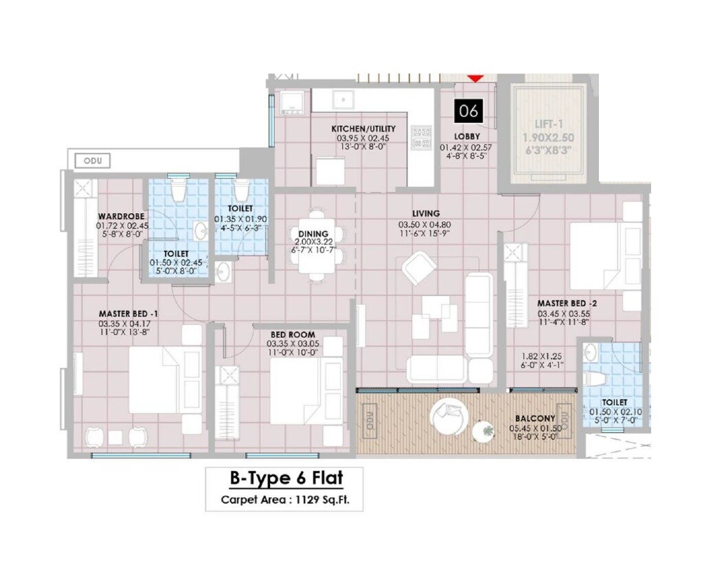 Floor plan of 3 BHK 1129 Sq. Ft. Apartment in Swastik Prism City Blue, Pune