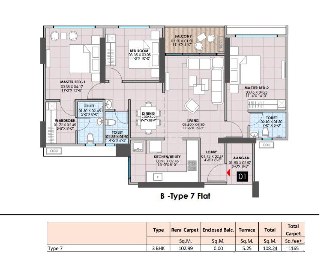 Floor plan of 3 BHK 1165 Sq. Ft. Apartment in Swastik Prism City Blue, Pune
