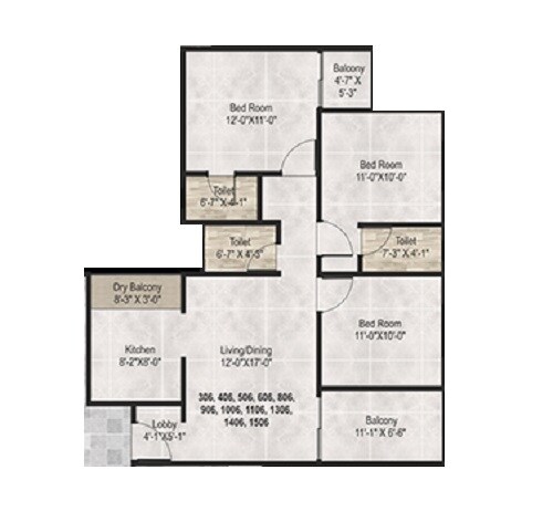 Floor plan of 3 BHK 1113 Sq. Ft. Apartment in Swastik Prism City Green, Pune