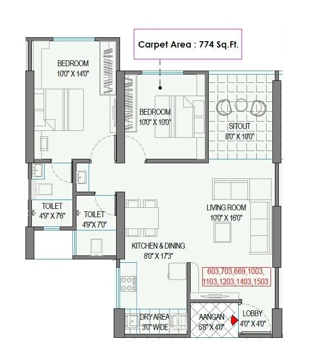 Floor plan of 2 BHK 774 Sq. Ft. Apartment in Swastik Prism City Skylife, Pune