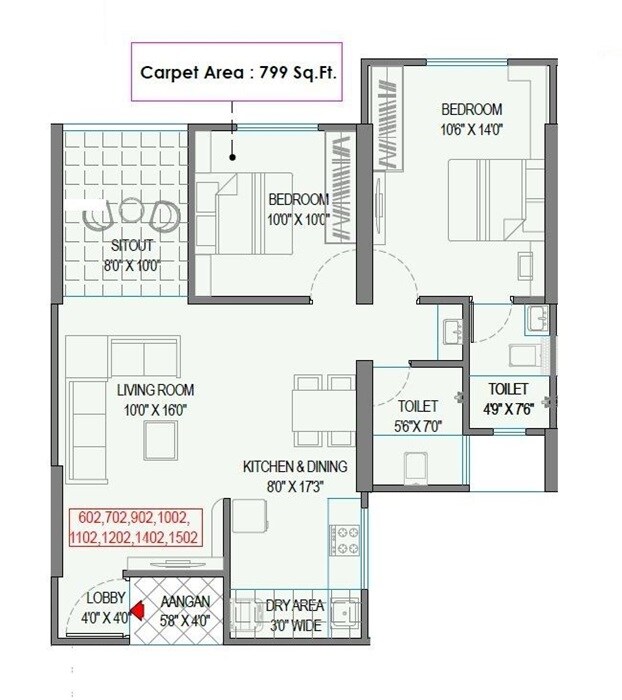 Floor plan of 2 BHK 799 Sq. Ft. Apartment in Swastik Prism City Skylife, Pune