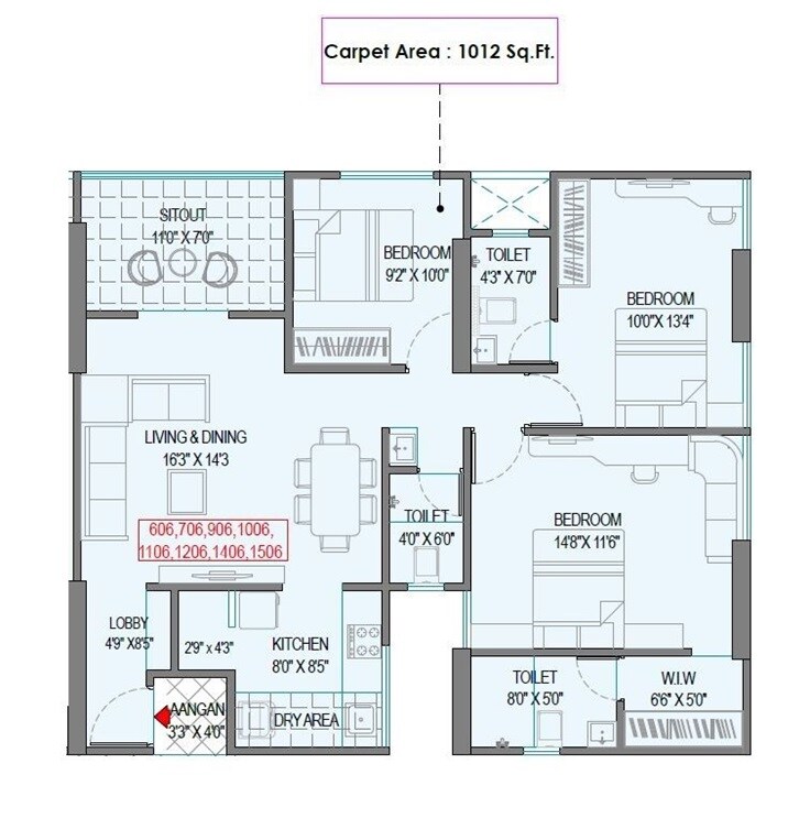Floor plan of 3 BHK 1012 Sq. Ft. Apartment in Swastik Prism City Skylife, Pune