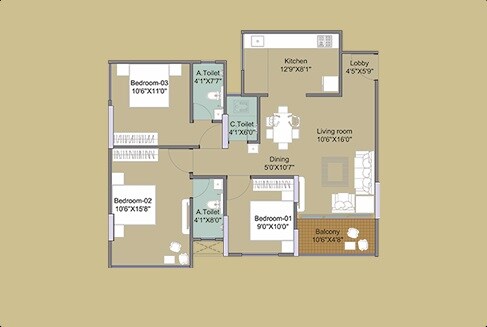 Floor plan of 3 BHK 891 Sq. Ft. Apartment in Swastik Prism City Yellow, Pune
