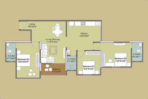 Floor plan of 3 BHK 1022 Sq. Ft. Apartment in Swastik Prism City Yellow, Pune