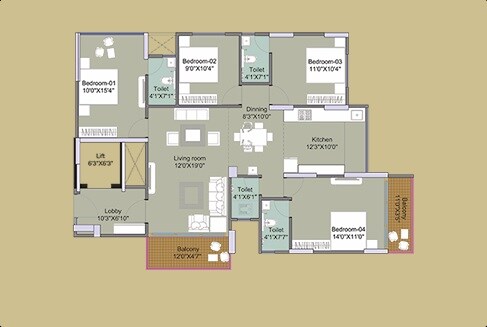 Floor plan of 4 BHK 1294 Sq. Ft. Apartment in Swastik Prism City Yellow, Pune