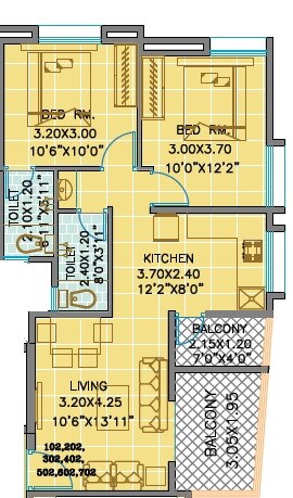 Floor plan of 2 BHK 688 Sq. Ft. Apartment in Swastik Swastishree, Pune
