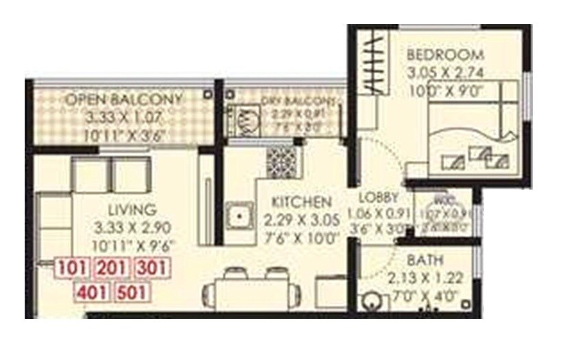 Floor plan of 1 BHK 401 Sq. Ft. Apartment in Swayam Vrindavan Galaxy, Pune