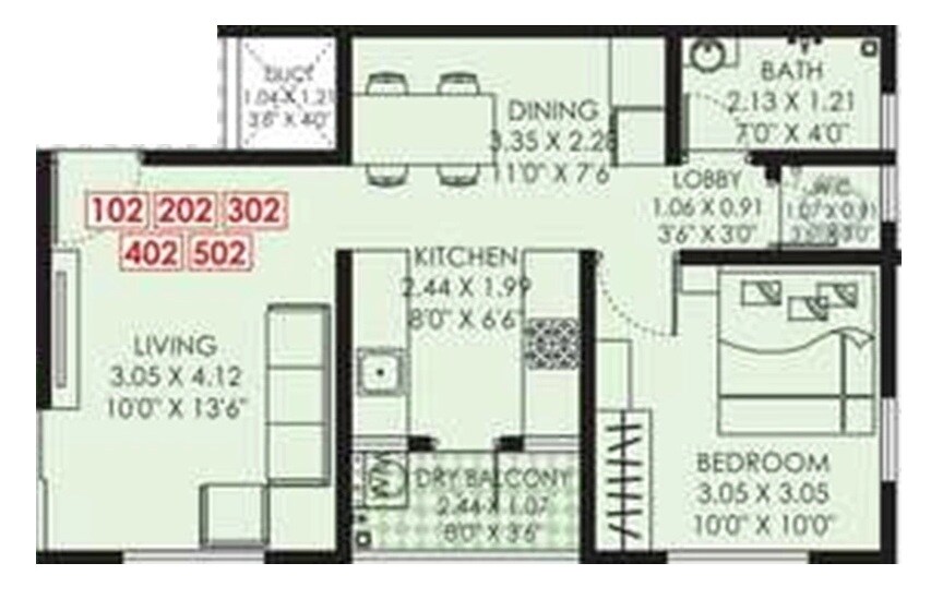 Floor plan of 1 BHK 507 Sq. Ft. Apartment in Swayam Vrindavan Galaxy, Pune