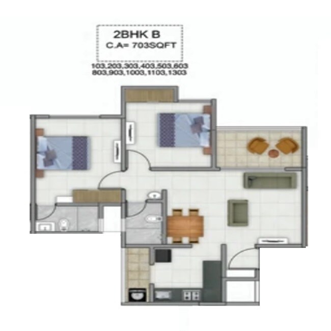 Floor plan of 2 BHK 703 Sq. Ft. Apartment in Swayambhu Emerald Heights, Pune