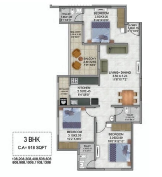 Floor plan of 3 BHK 918 Sq. Ft. Apartment in Swayambhu Emerald Heights, Pune