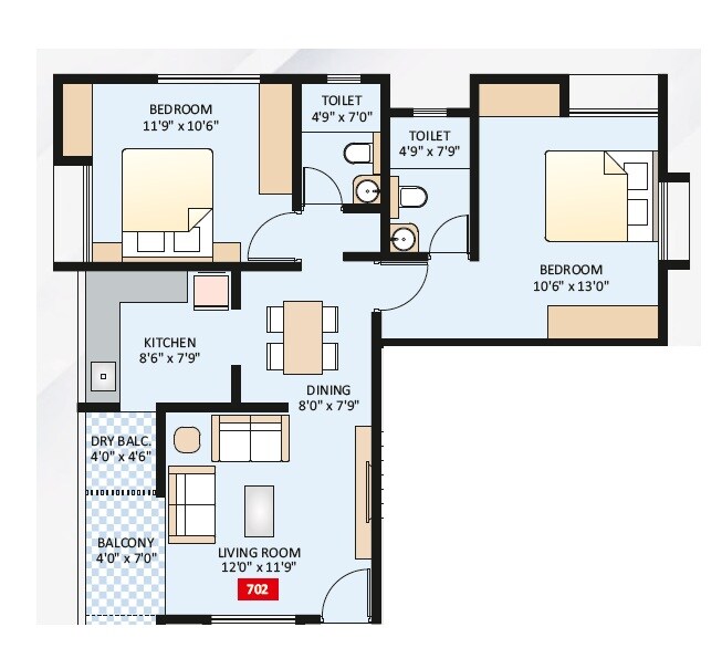Floor plan of 2 BHK 749 Sq. Ft. Apartment in Swojas Advait, Pune