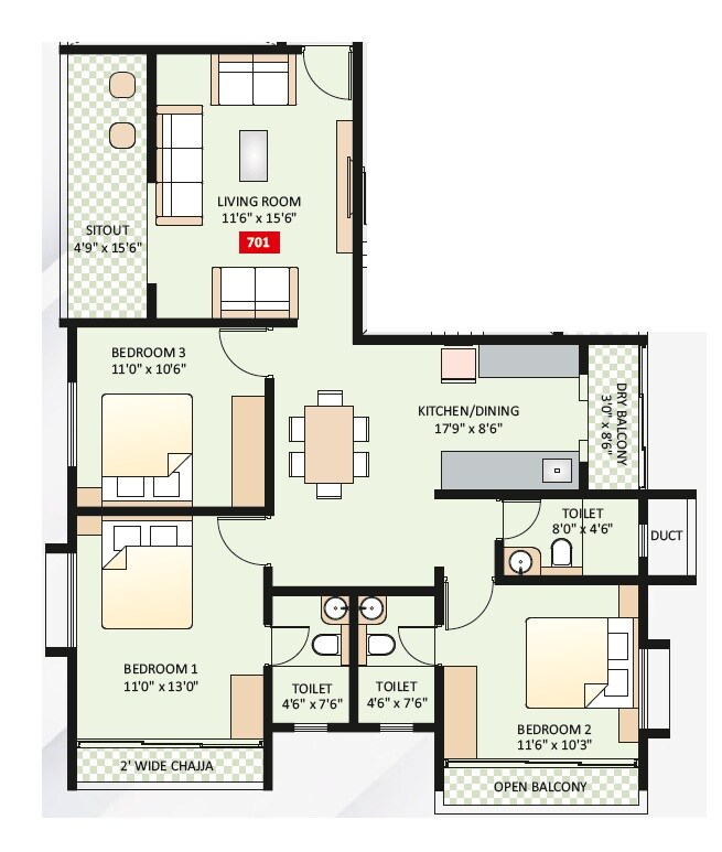 Floor plan of 3 BHK 1101 Sq. Ft. Apartment in Swojas Advait, Pune