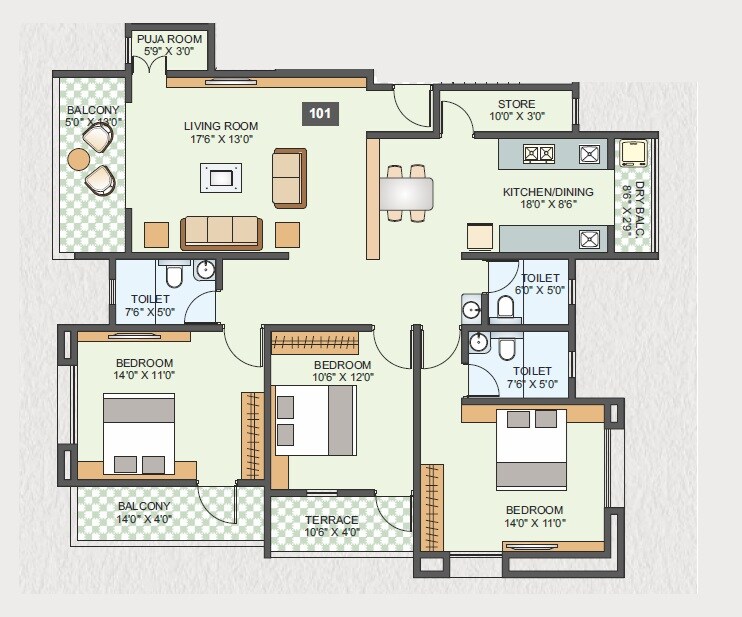 Floor plan of 3 BHK 1354 Sq. Ft. Apartment in Swojas Avani, Pune