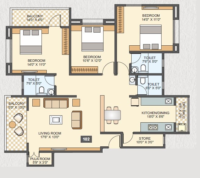 Floor plan of 3 BHK 1409 Sq. Ft. Apartment in Swojas Avani, Pune