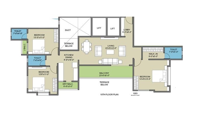 Floor plan of 3 BHK 1035 Sq. Ft. Apartment in Swojas Avanti, Pune