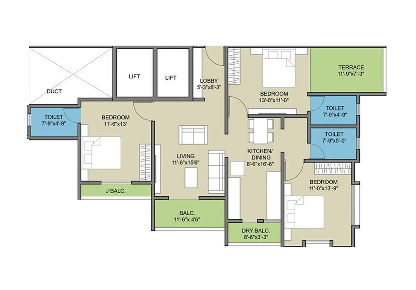 Floor plan of 3 BHK 1347 Sq. Ft. Apartment in Swojas Avanti, Pune