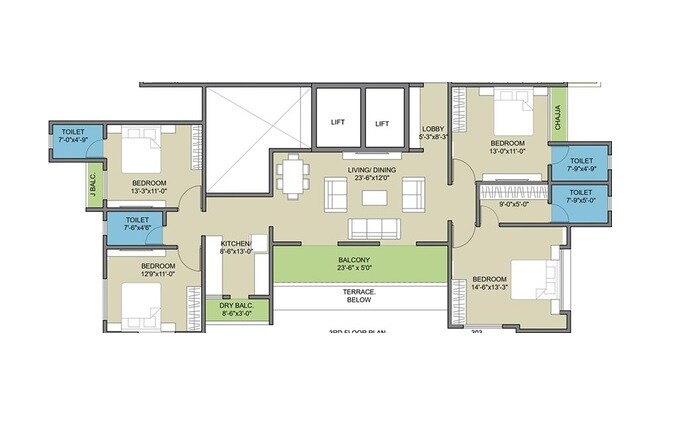 Floor plan of 4 BHK 1636 Sq. Ft. Apartment in Swojas Avanti, Pune
