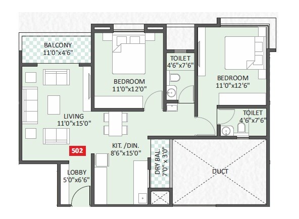 Floor plan of 2 BHK 836 Sq. Ft. Apartment in Swojas Ekdant, Pune