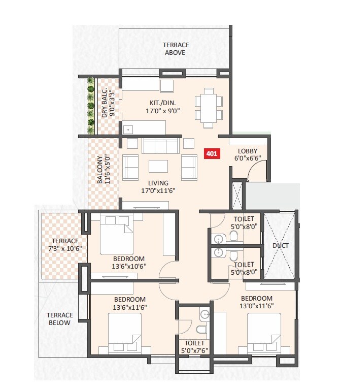 Floor plan of 3 BHK 1255 Sq. Ft. Apartment in Swojas Ekdant, Pune