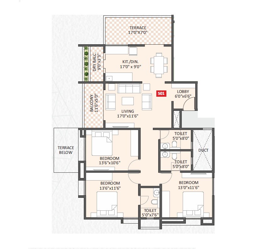 Floor plan of 3 BHK 1297 Sq. Ft. Apartment in Swojas Ekdant, Pune