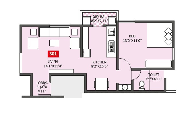 Floor plan of 1 BHK 548 Sq. Ft. Apartment in Swojas Maitree, Pune
