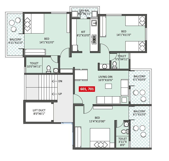 Floor plan of 3 BHK 1271 Sq. Ft. Apartment in Swojas Maitree, Pune