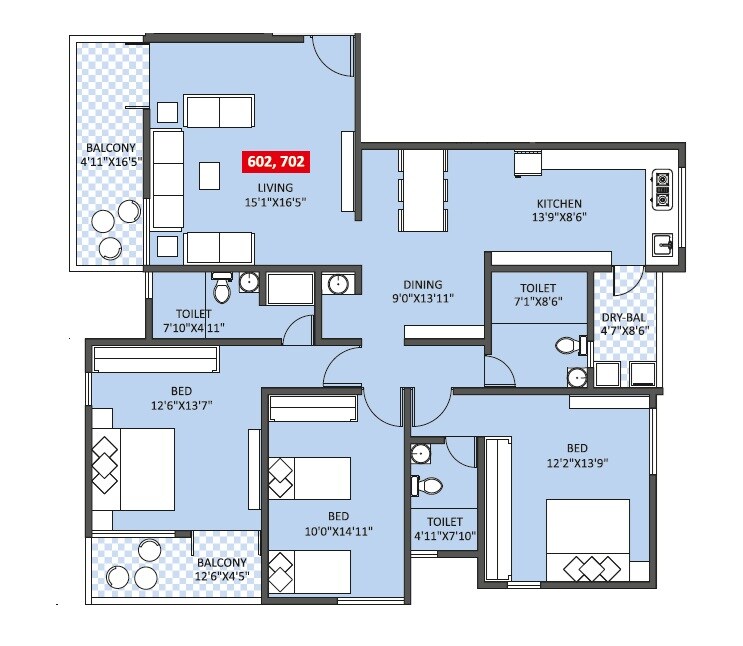 Floor plan of 3 BHK 1487 Sq. Ft. Apartment in Swojas Maitree, Pune