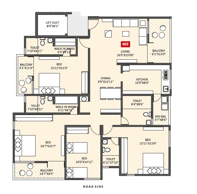 Floor plan of 4 BHK 1888 Sq. Ft. Apartment in Swojas Maitree, Pune