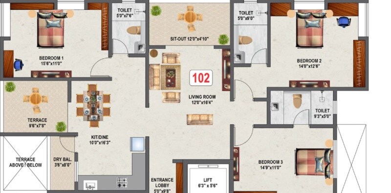 Floor plan of 3 BHK 1238 Sq. Ft. Apartment in Swojas Prashante, Pune